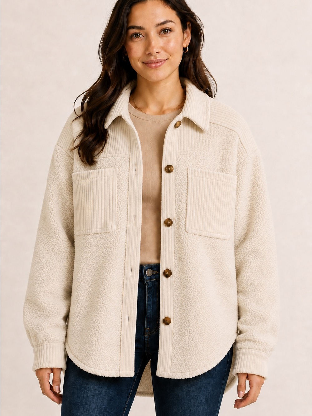 American Eagle Cream Sherpa Corduroy Oversized Shacket Women’s Small